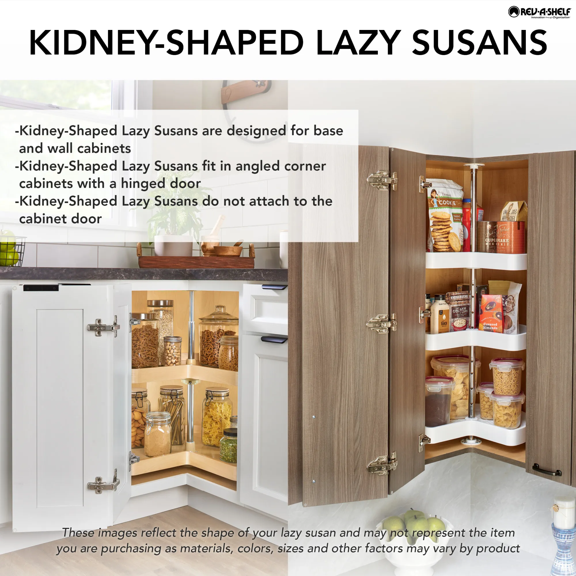 Kidney-shaped lazy susan for corner blind base cabinet
