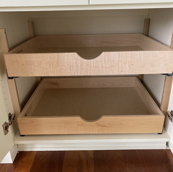 Pullout drawer organizers added to existing base kitchen cabinets