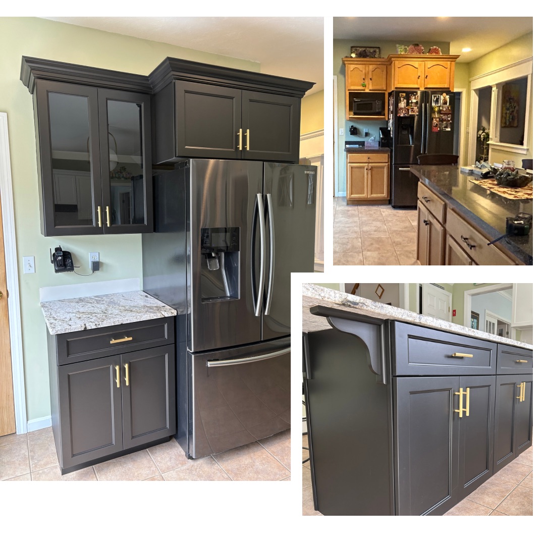 Black kitchen island accent cabinets with white perimeter cabinet refacing
