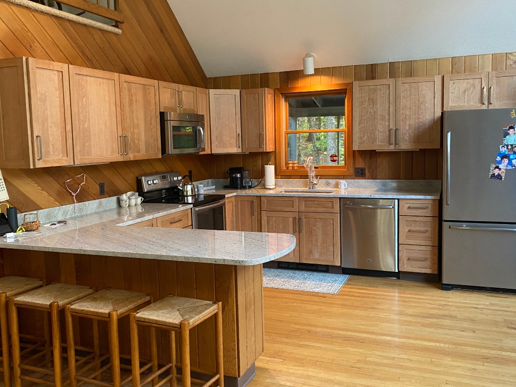 Becket MA kitchen with cherry wood doors and updated hardware
