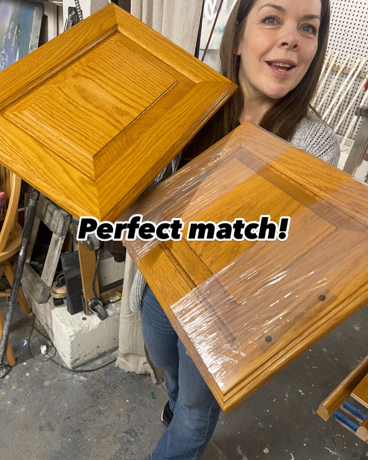 Color matching new cabinet door for seamless cabinet refacing installation