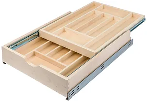 Double tier silverware drawer organizer — two-tier cutlery insert doubling drawer storage capacity