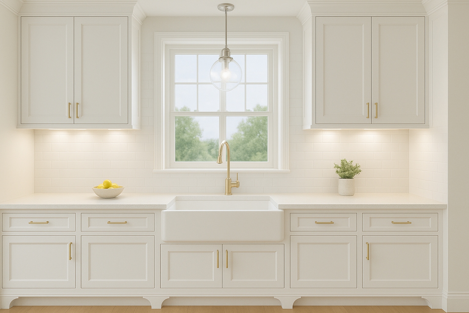White shaker style farmhouse kitchen with apron front farm sink