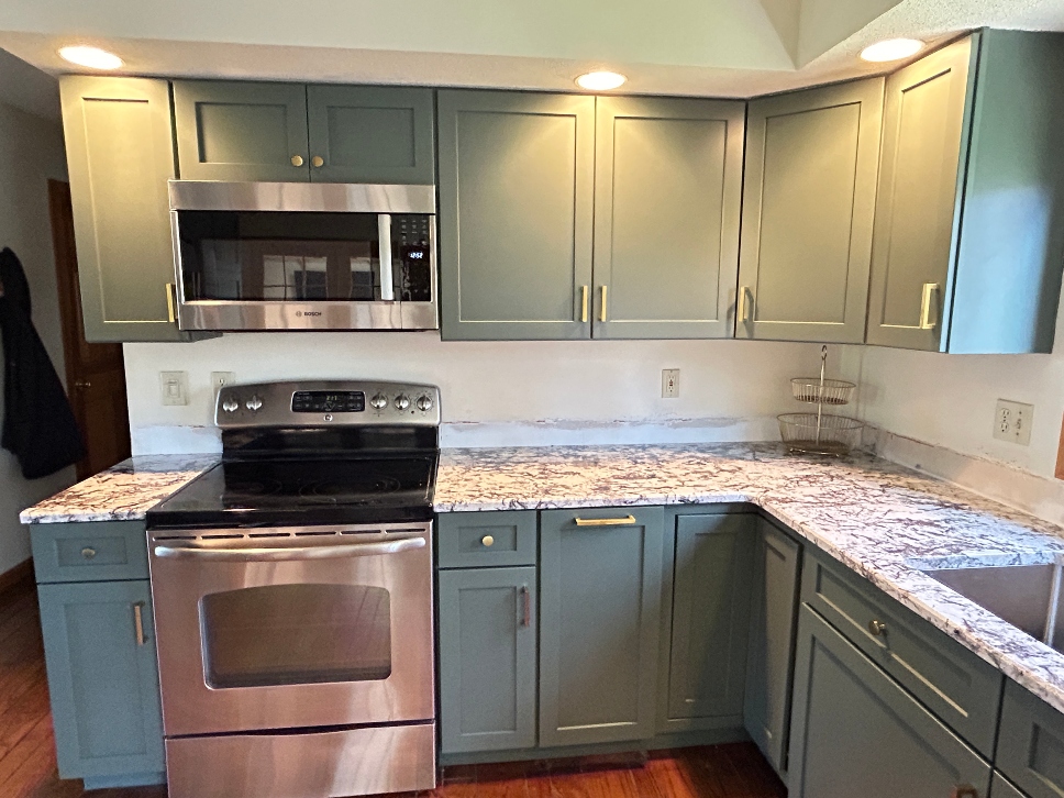 Green shaker kitchen cabinet refacing in Chicopee, MA second view