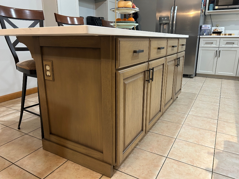 Kitchen island after faux finish cabinet refacing in Longmeadow, MA