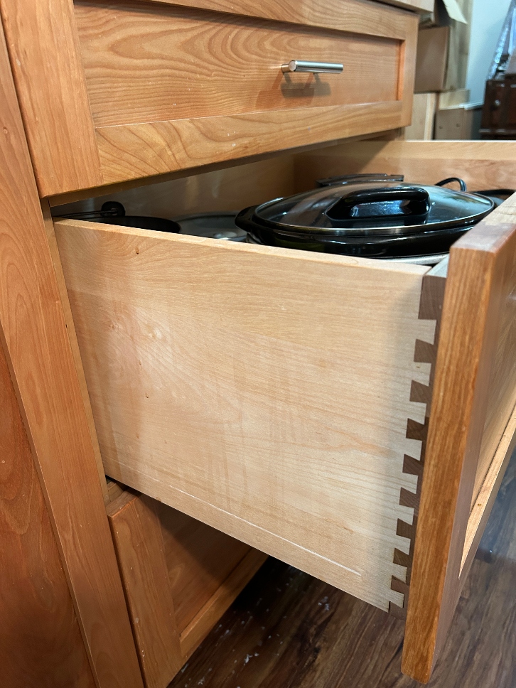 Maple dovetailed deep drawer boxes — solid wood dovetail construction showing quality craftsmanship and durable hardwood drawer build