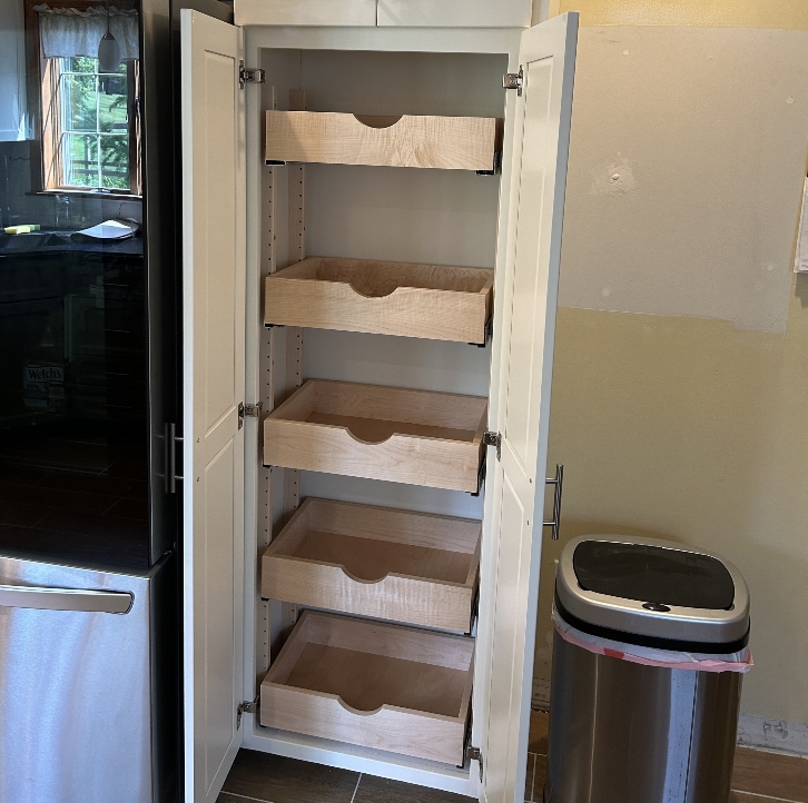 Pantry pull-out shelves — full extension pantry pullout organizer inside existing cabinet box maximizing deep pantry storage