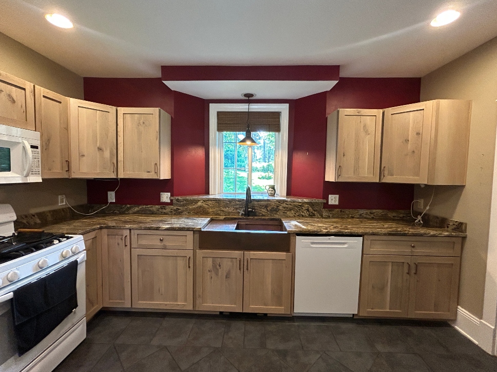 Kitchen after rustic white oak cabinet refacing in Pittsfield, MA