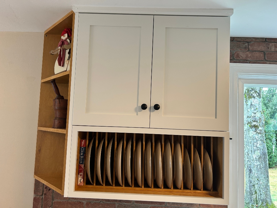 Plate rack storage organizer added to upper kitchen cabinet