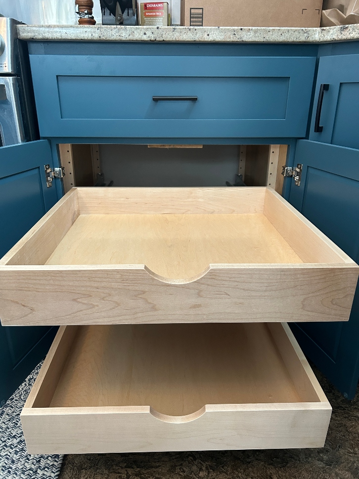 Full extension pullout drawers installed in kitchen cabinet in Amherst, MA