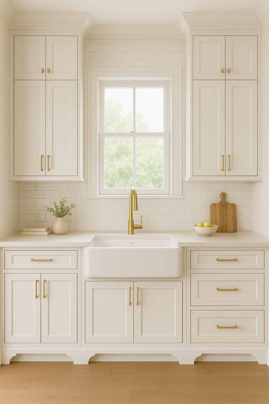 White inset cabinets with farmhouse sink in kitchen remodel