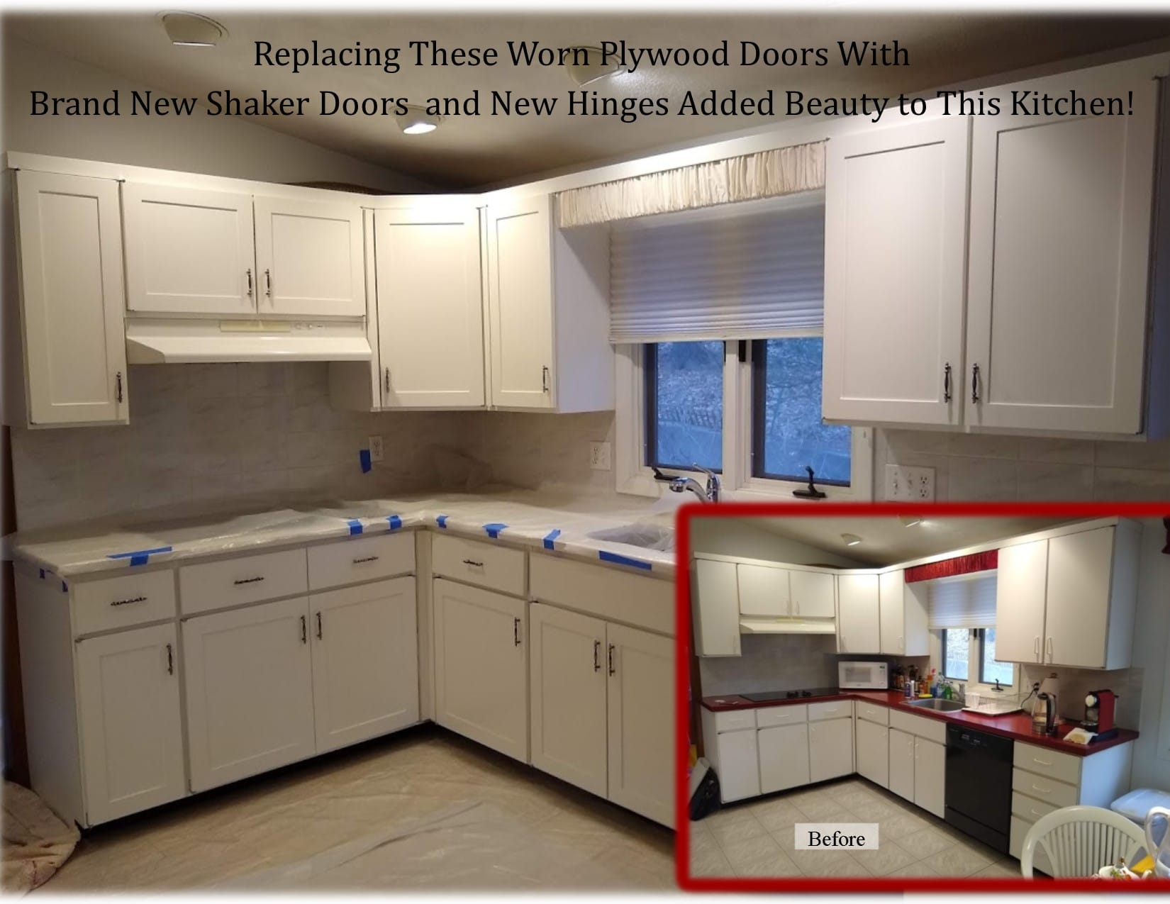 Replacing These Worn Plywood Doors With Brand New Shaker Doors and New Hinges Added Beauty to This Kitchen! reface with white shaker doors