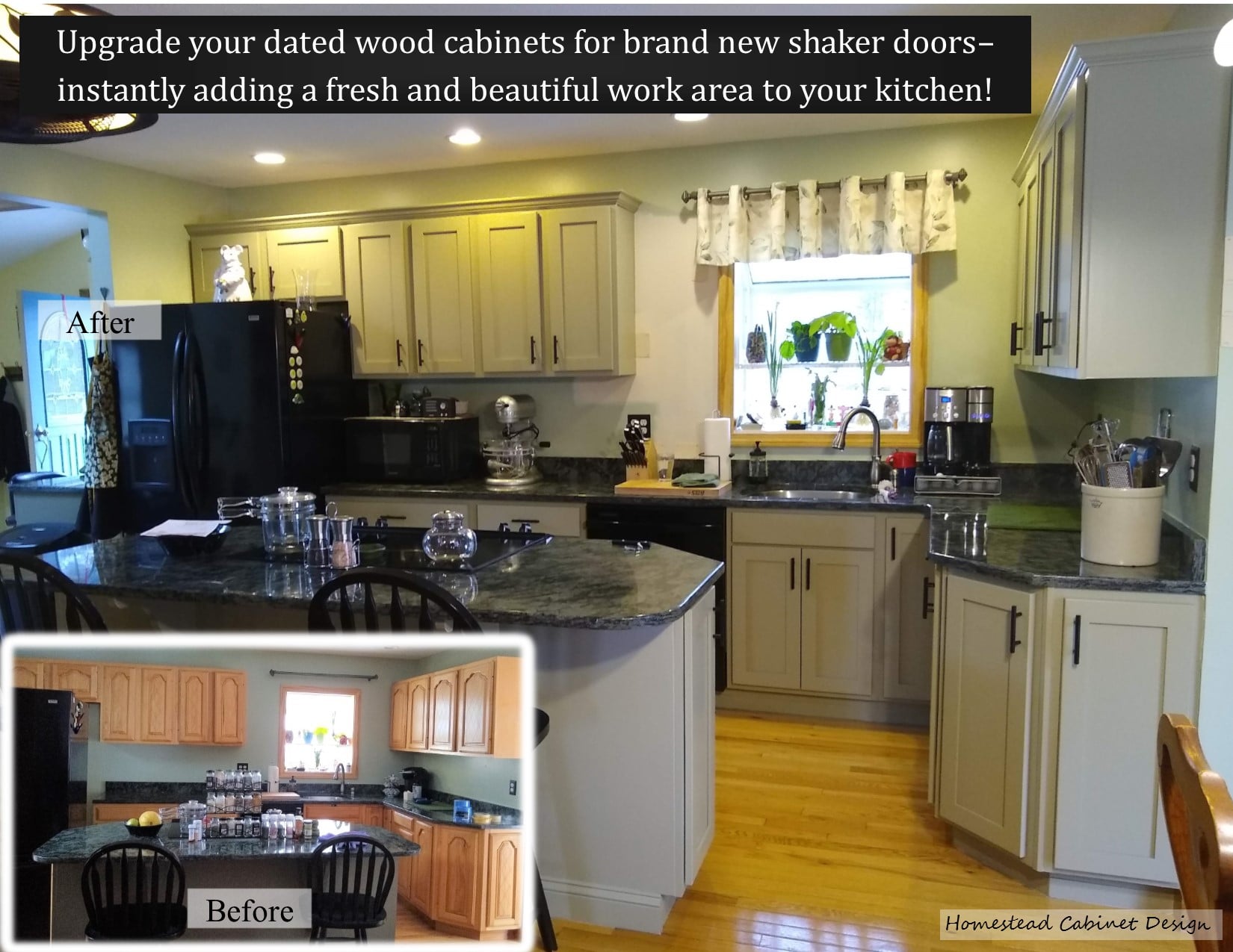 Upgrade your dated wood cabinets for brand new shaker doors